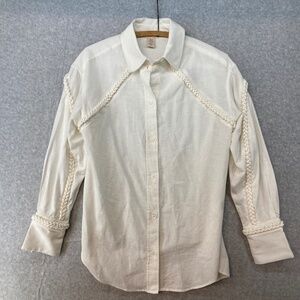 H&M XS Cream Button Up Braided Fabric Detail Linen Blend Long Sleeve